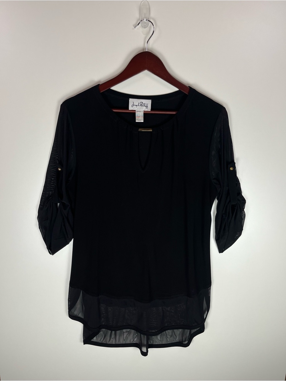 Joseph Ribkoff Black Roll-Tab Sleeve Chiffon Hem Blouse Sz 12